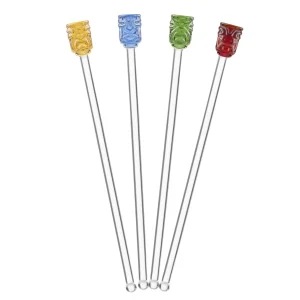 Glass Tiki Head Drink Stirrers - Set of 4