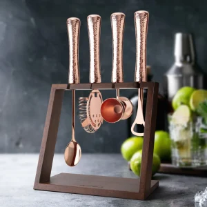 4 Piece Bar Tool Set with Stand - Copper Metal Handles